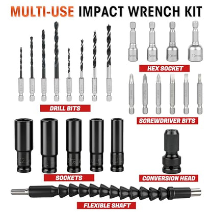 LLNDEI Cordless Impact Wrench 1/2 Inch, Power Impact Gun Kit, Max 550N.M/405Ft-lbs, 3900RPM, High Torque Electric Impact Driver with Drill Bits, Screwdriver Bits and sockets