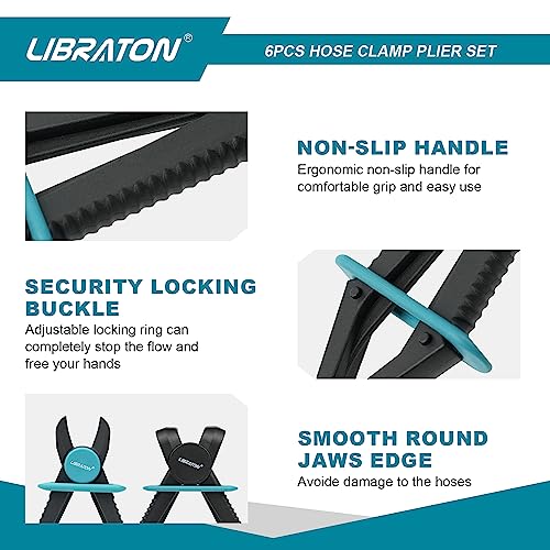 Libraton Hose Clamp Pliers - 6pc Set, Straight & 90, Plastic, Brake, Fuel, Coolant, Radiator Hose, Gas Line - style: Plastic Pilers