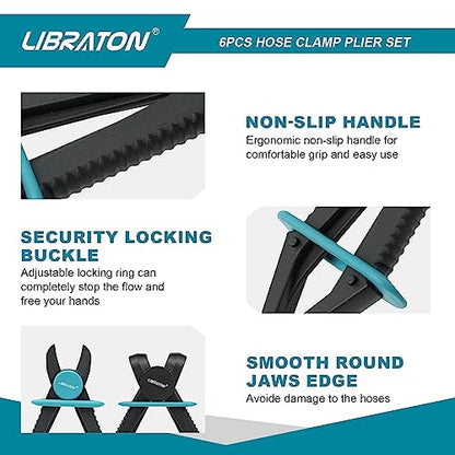 Libraton Hose Clamp Pliers - 6pc Set, Straight & 90, Plastic, Brake, Fuel, Coolant, Radiator Hose, Gas Line - style: Plastic Pilers