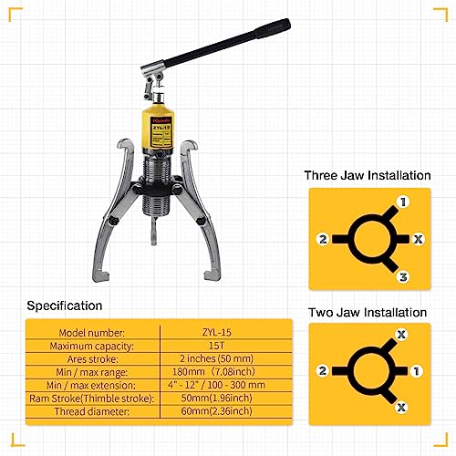 10 Ton Hydraulic Gear Puller Kit – 2 or 3 Jaws Bearing Hub Separator with Case for Hubs, Bearings, Gears - size: 15 Ton
