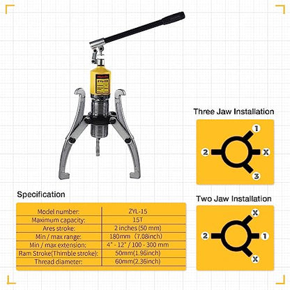 10 Ton Hydraulic Gear Puller Kit – 2 or 3 Jaws Bearing Hub Separator with Case for Hubs, Bearings, Gears - size: 15 Ton
