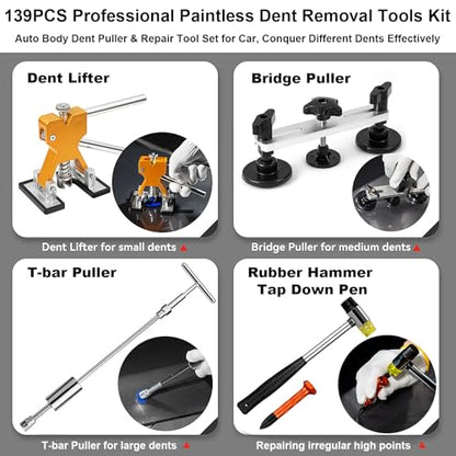 Paintless Dent Repair Kit Professional Auto Body Puller Tool-139 Pcs | Features 2-in-1 slide hammer, bridge puller, 100W glue gun, and 62 tabs for hail damage and door dings - size: Dent Puller Kit-139 Pcs