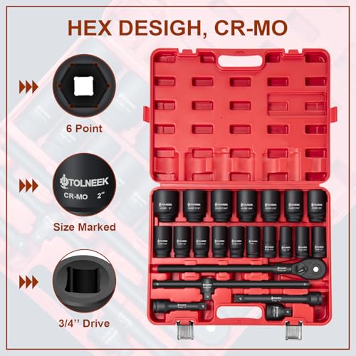 3/4" Impact Socket Set, 22PCS 6-Point SAE (3/4" to 2"), Cr-Mo, with Adapters, Quick Release Ratchet, Extension Bar & Storage Case - size: 22-Piece 3/4" Drive Impact Socket Set SAE