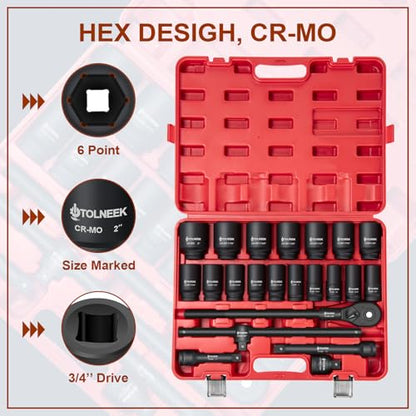 3/4" Impact Socket Set, 22PCS 6-Point SAE (3/4" to 2"), Cr-Mo, with Adapters, Quick Release Ratchet, Extension Bar & Storage Case - size: 22-Piece 3/4" Drive Impact Socket Set SAE