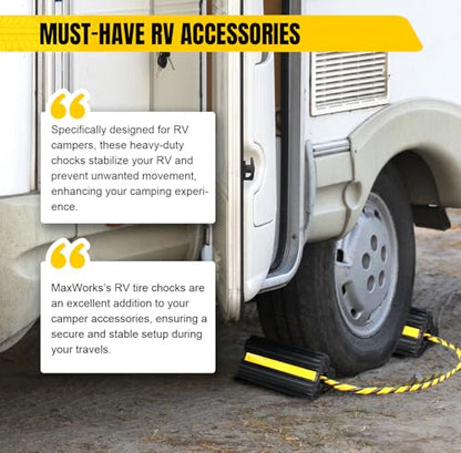 MAXXHAUL 51244 Solid Rubber Wheel Chock, 4 Pack, Heavy Duty with Nylon Rope, Yellow Reflective Tape, 7.8x4.1x3.9 Inch, for RV Trailer Truck Car