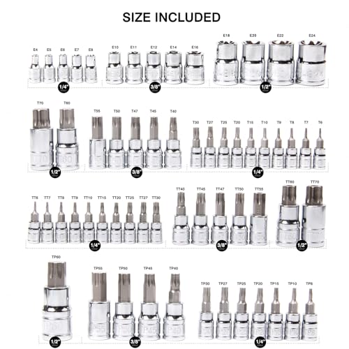 CASOMAN Master Torx Bit Socket and External Torx Socket Set, 60-Piece Set, S2 and Cr-V Steel，E4-E24, T6-T70,TT6-TT70,TP8-TP60