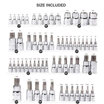 CASOMAN Master Torx Bit Socket and External Torx Socket Set, 60-Piece Set, S2 and Cr-V Steel，E4-E24, T6-T70,TT6-TT70,TP8-TP60