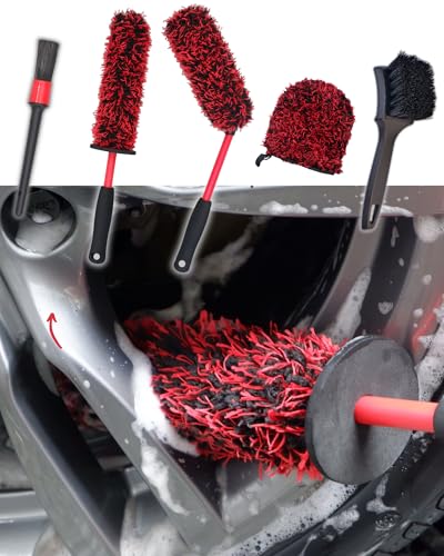 oesee Metal Free Microfiber Wheel Brush Kit- Microfiber Angled Wheel Brush, Long Handle Wheel Brush, Tire& Detailing Brush, Wheel Wash Mitt. Hands-On Wheel Detailing Kit for Daily Wheel Cleaning - color: 5 Pack (Red & Black)