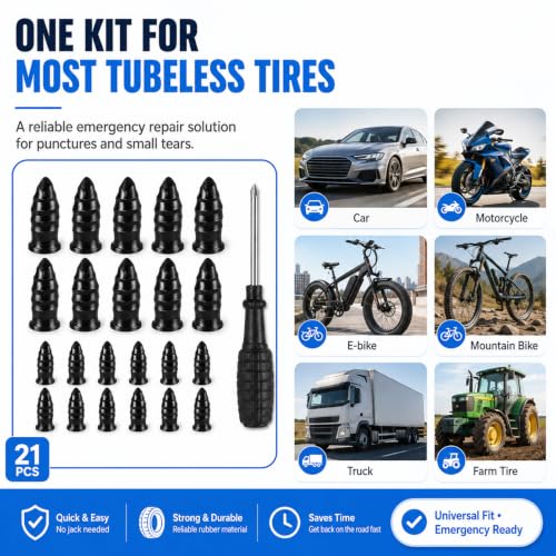 Screw In Tire Plugs Repair Kit 20pcs 2 Sizes Fast DIY For Car Truck Tires | Easy DIY Installation, 2 Sizes Included, Durable Rubber With Iron Core