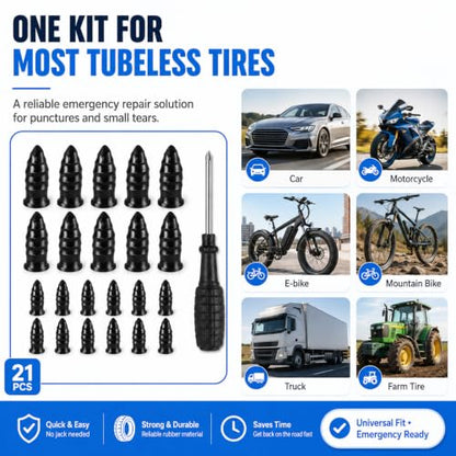 Screw In Tire Plugs Repair Kit 20pcs 2 Sizes Fast DIY For Car Truck Tires | Easy DIY Installation, 2 Sizes Included, Durable Rubber With Iron Core