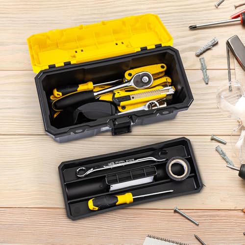 14 Inch Tool Box with Lock, 2-Layer Heavy-Duty Organizer with Removable Tray, Liftable Lid for Small Parts, 16lb Capacity & Carry Handle for Tools, Camping, Medical Supply Storage - size: 14“