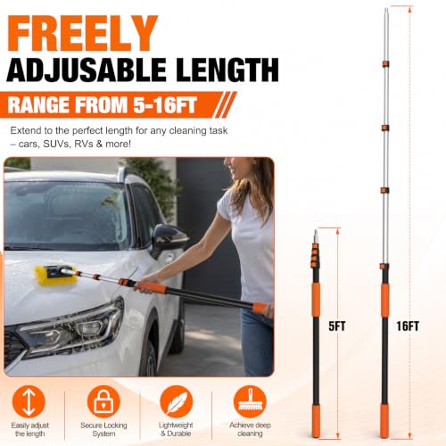 LAANPOLE 16FT Car Wash Brush with Long Handle, Car Cleaning Brush with 12 Inch Soft Bristle, Solar Panels Cleaner with Telescoping Pole for RV, Truck, Boat, House Siding - size: 16FT