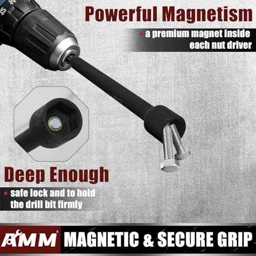 AMM 8PCS SAE Magnetic Nut Driver Set for impact drill, Long Nut Drivers 6 INCH (1/4" - 9/16"), 1/4” Hex Shank Nut Driver Bit， Cr-V Steel