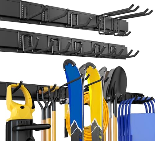 64 Inches Garage Storage, UUP Garage Organization Wall Mount Garden Tool Organizer, 620lbs Adjustable Metal Hooks, Yard Shed Rail Rack, Lawn Tool Holder for Hanging Rake Broom Mop Snowboard, Home Gift - size: 64" Alloy Steel with 4 Panels & 10 Hooks