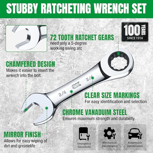 SK Stubby Ratcheting Wrench Set, Combination Wrench Set, 7-Piece, SAE 3/8" to 3/4", 72-Tooth, CR-V Steel, with Rolling Pouch - size: SAE