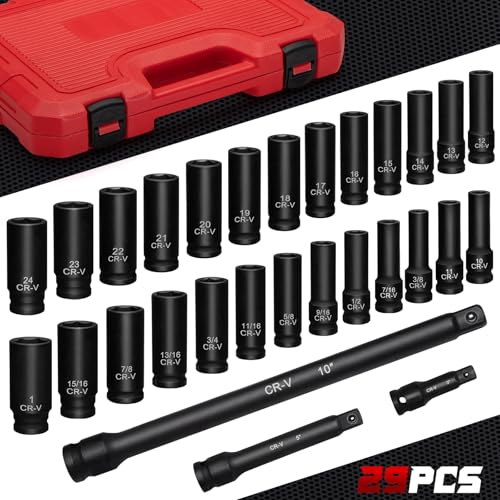 1/2" Drive Impact Socket Set 29-Piece, Cr-V-M Steel Deep Socket SAE(3/8" - 1") & Metric(10-24mm) Sizes, with Extension Bar Come with Storage Case - style: 1/2-29 pcs