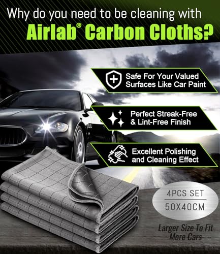 Airlab Carbon Microfiber Towels for Car Drying Window Glass Cleaner Magic Cleaning Cloth Auto Detailing Car Wipes Lint Free Rags Large Towel Interior Detailer, Pack of 4, 20" x 16", Grey - color: 20 X 16 Inch, Pack of 4, Grey