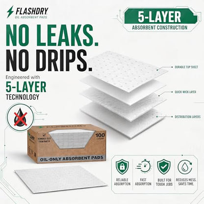 FlashDry Oil Absorbent Pads, High Absorbency 17.5” x 13.5”, 100 Count | Oil absorbing sheets, Water-Repellent, Tear-Resistant, Premium Mats, Ideal for Garage, Driveway, Automotive, Marine Use - size: 100 Pads - 2mm