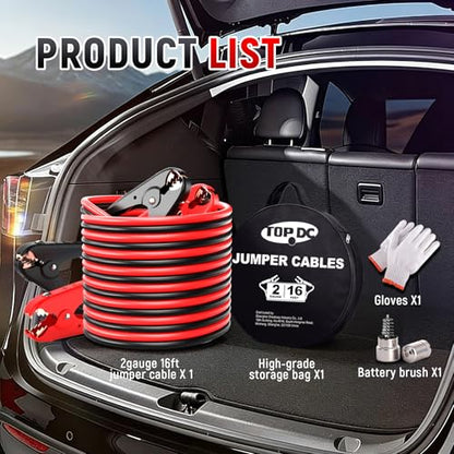TOPDC 2 Gauge 16 Feet Jumper Cables for Car, SUV and Trucks Battery, Heavy Duty Automotive Booster Cables for Jump Starting Dead or Weak Batteries with Carry Bag - size: 2Gauge,16FT