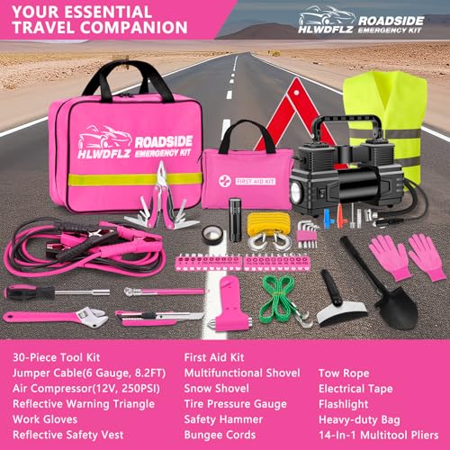 Car Emergency Kit with Portable Air Compressor - Roadside Assistance Emergency Kit with Jumper Cables, First Aid Kit, Auto Tool Set, Winter Safety Kit for Women, Men, Teen (Pink) - color: Pink
