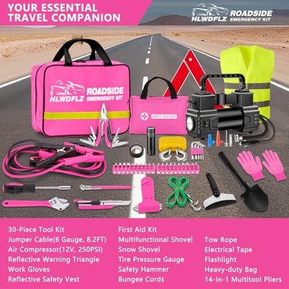 Car Emergency Kit with Portable Air Compressor - Roadside Assistance Emergency Kit with Jumper Cables, First Aid Kit, Auto Tool Set, Winter Safety Kit for Women, Men, Teen (Pink) - color: Pink