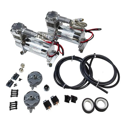 Dual Heavy Duty Onboard 12V Air Compressors 200 PSI with Remote Mount Kit | Universal Fit for Truck Car Train Horn, Suspension Ride Bag System | Fits All 12V Vehicles like Truck Pickup SUV RV Marine