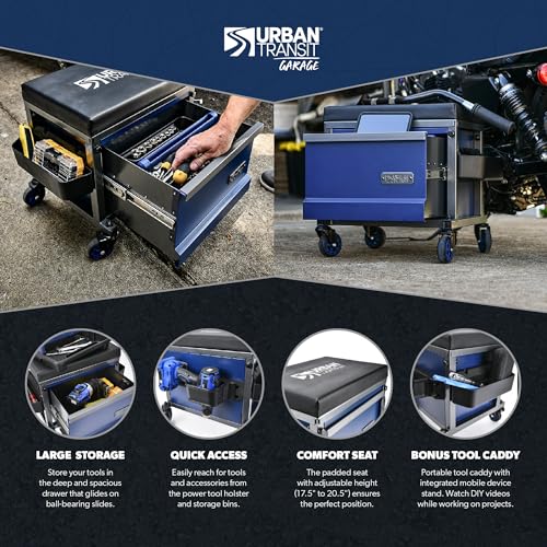 URBANTRANSIT Sidekick Heavy Duty Shop Stool - 500 Lb Capacity Rolling Stool for the Garage and Workshop with Toolbox Storage and 360 Degree Swivel Wheels - an Ideal Mechanics Stool or Workshop Stool