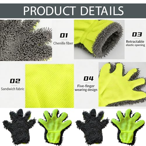 4 Pcs Microfiber Car Wash Mitts - Car Wash Mitt Microfiber Scratch Free,Premium Chenille Ultra-Soft,Car Wash Supplies，5-Finger Design Detailing for Cleaning Car Wash Brush，Car Detailing Kit