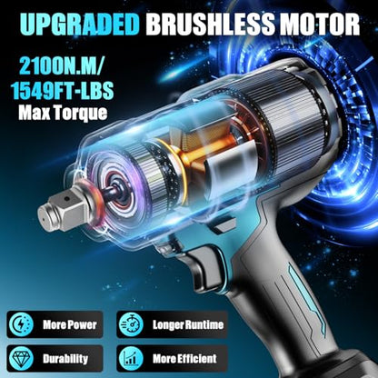 3/4" Cordless Impact Wrench, 1549Ft-lbs(2100N.m) Brushless Impact Gun, 2x6.0Ah Batteries, Max 5100RPM with Reverse Auto-Stop & LED Light for Car Truck Lug Nuts, Auto Repair, Industrial & DIY