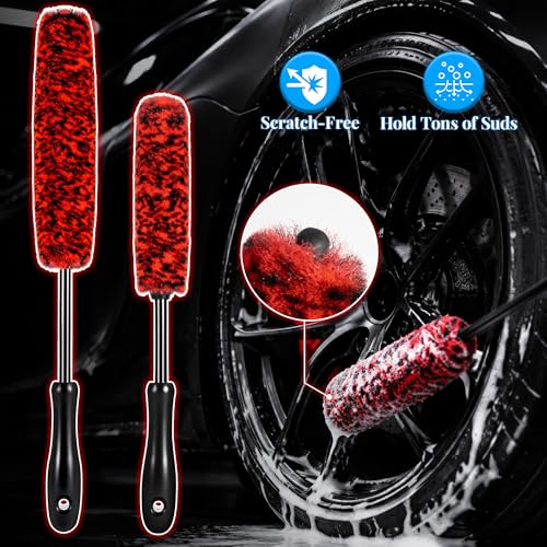 SIMPOR 5 Pcs Wheel & Tire Brush Kit with Cleaning Towel, 2 Long Handle Soft Microfiber Wheel Cleaning Brushes, Stiff Tire Brush, Car Detailing Brush, Non-Scratch Bendable Rim Cleaner Brush Set