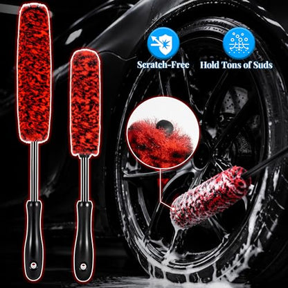 SIMPOR 5 Pcs Wheel & Tire Brush Kit with Cleaning Towel, 2 Long Handle Soft Microfiber Wheel Cleaning Brushes, Stiff Tire Brush, Car Detailing Brush, Non-Scratch Bendable Rim Cleaner Brush Set
