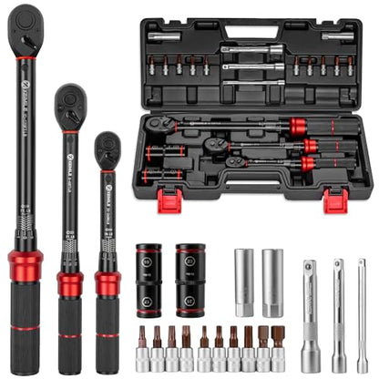 20Pcs 1/4 3/8 1/2-inch Drive Click Torque Wrench Set for Car Moto | Inch Pound Torque Wrench with Sockets (20-260 in.lb,5-45 ft.lb,10-170 ft.lb), Dual-Direction 72T, 3% Precision for Bike DIY - size: 260In.Lb,45Ft.Lb,170fFt.Lb