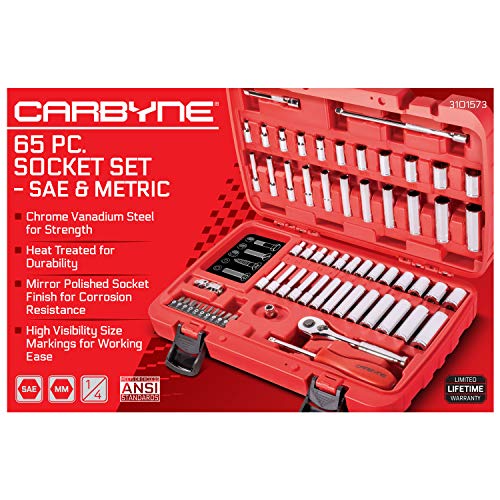 CARBYNE 65-Piece 1/4 in. Drive Socket and Ratchet Set, SAE and Metric, 6 Point, CrV Steel, 90-Tooth Ratchet, Deep and Standard Sockets, Storage Case