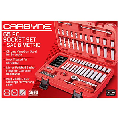 CARBYNE 65-Piece 1/4 in. Drive Socket and Ratchet Set, SAE and Metric, 6 Point, CrV Steel, 90-Tooth Ratchet, Deep and Standard Sockets, Storage Case