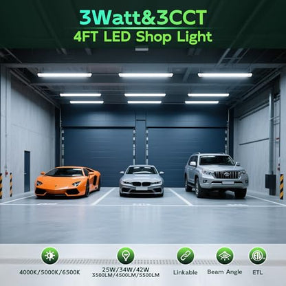 Hlite 4FT LED Shop Lights with Power Cord 5500LM,3 Power Level&3CCT,6 Pack | Linkable Utility Shop Light 4000K/5000K/6500K Tunable,5W/34W/42W Switchable,Shop Lights for Garage,Workshop,Warehouse