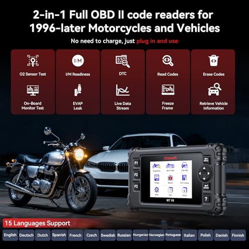 iCarsoft MT V6 for Triumph Motorcycle Full System Diagnostic Scan Tool Motorbike, Car 2-in-1 OBD2 Scanner Code Reader Up to 53 Services and 55 Bidirectional Tests Battery Test Lifetime Free Update