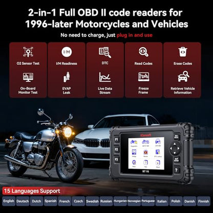 iCarsoft MT V6 for Triumph Motorcycle Full System Diagnostic Scan Tool Motorbike, Car 2-in-1 OBD2 Scanner Code Reader Up to 53 Services and 55 Bidirectional Tests Battery Test Lifetime Free Update