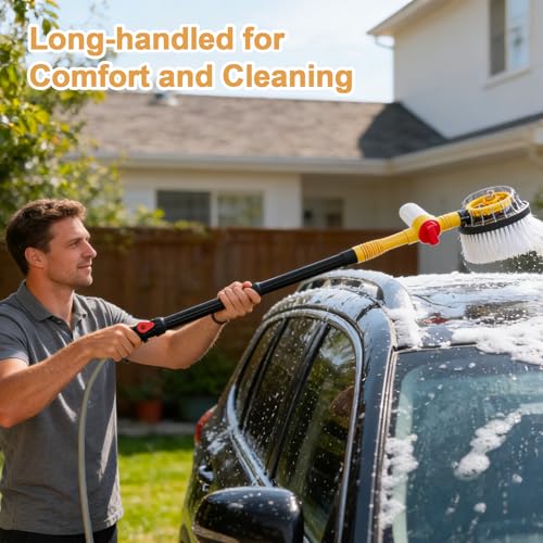 Rotating Car Wash Brush with Hose Attachment, Car Wash Brush with Long Handle & Soap Dispenser, Water-Powered 360° Spin Wash Brush Kit with Spray Gun & 5-Pattern Nozzle for Cars, RVs, Trucks