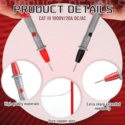 4Pack 1000V 20A Electrical Multimeter Leads Set, 1000V 20A Professional Multimeter Test Leads Kit Silicone Meter Lead Ultra-Sharp Gold Plated Probes with Alligator Clips for Automotive Testing
