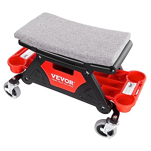 VEVOR Mechanic Stool 300 LBS Capacity Garage Stool Gift for Men, Heavy Duty Rolling Mechanics Seat, with Three Slide Out Tool Trays and Drawer, Tools for Automotive Auto Repair | Auto Repair Heavy Duty Plastic Rolling Mechanics Seat with Cushion, Three Sl