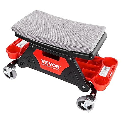 VEVOR Mechanic Stool 300 LBS Capacity Garage Stool Gift for Men, Heavy Duty Rolling Mechanics Seat, with Three Slide Out Tool Trays and Drawer, Tools for Automotive Auto Repair | Auto Repair Heavy Duty Plastic Rolling Mechanics Seat with Cushion, Three Sl