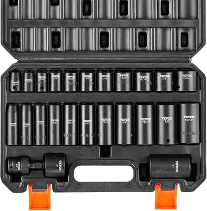 VEVOR 3/8" Drive Impact Socket Set, 25 Piece Deep & Shallow Socket Set SAE 5/16" - 1", 6 Point Cr-Mo Alloy Steel for Auto Repair, Easy-to-Read Size Markings, Rugged Construction, Includes Storage Case - style: 3/8" 25PCS CR-MO