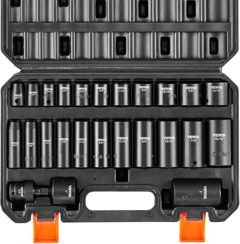 VEVOR 3/8" Drive Impact Socket Set, 25 Piece Deep & Shallow Socket Set SAE 5/16" - 1", 6 Point Cr-Mo Alloy Steel for Auto Repair, Easy-to-Read Size Markings, Rugged Construction, Includes Storage Case - style: 3/8" 25PCS CR-MO