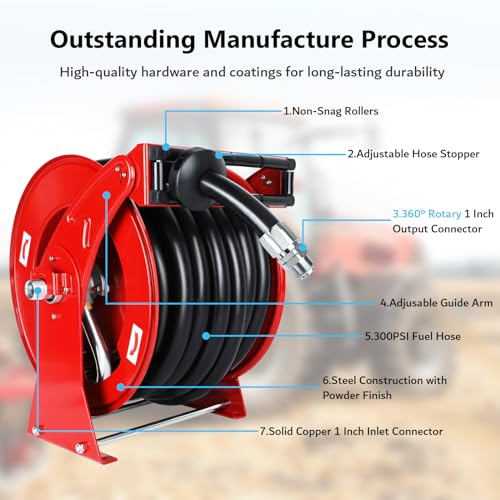 1“ x 50ft Diesel Fuel Hose Reel Retractable with Fuel Nozzle, 1 Inch Fuel Transfer Pump Hose, Auto Swivel Rewind, Max 300 PSI Tank Hose, Easy Use for Farms Boat Truck Bed Trailer Cart - color: Red, size: 1" x 50ft