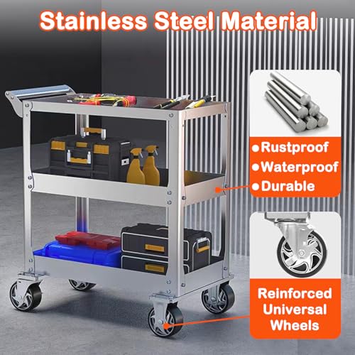 Stainless Steel Utility Cart on Wheels, 3-Tier Tool Cart with Wheels | 1100 lbs Commercial Rolling Service Cart for Garage Workshop Warehouse Mechanic Kitchen, 18.1" D x 30.7" W x 36.2" H