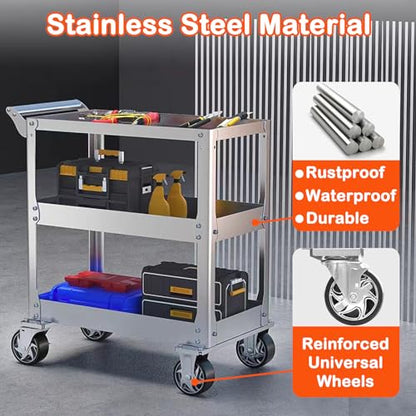 Stainless Steel Utility Cart on Wheels, 3-Tier Tool Cart with Wheels | 1100 lbs Commercial Rolling Service Cart for Garage Workshop Warehouse Mechanic Kitchen, 18.1" D x 30.7" W x 36.2" H