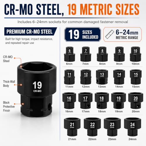 Nano Socket Set 19-Piece Low Profile Sockets 6–24mm for Tight Spaces Repair | Short Bolt Extractor Socket Set, CR-MO Stubby Socket Set 3/8" Ratchet & 17mm Wrench Compatible