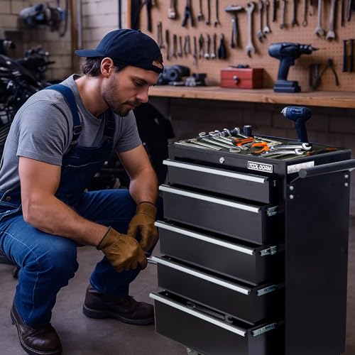 5-Drawer Rolling Tool Chest with Locking Wheels & Drawers, 13" D x 24.2" W x 34.6" H Mobile Tool Storage Cabinet, Heavy-Duty Garage Organizer w/Ergonomic Handle - color: White and Black