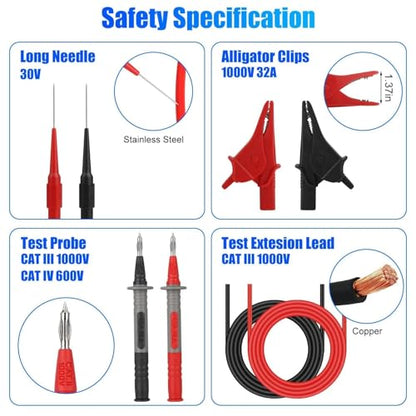 Linkstyle 25PCS Silicone Multimeter Test Leads Kit: Replaceable Wire Piercing Probes, Test Hook Clips, Alligator Clips, Testing Tweezer for Digital Electrical Multimeter Testing - color: 25PCS: Red+Black