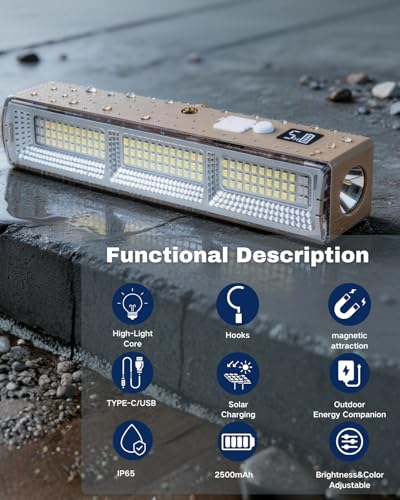 Rechargeable Magnetic Work Light Bar, Super Bright LED Underhood Light LCD Display, 2500mAh Battery USB Output, Solar/USB-C, 5 Modes Red/Blue Strobe, IP65 Waterproof for Mechanic Garage Camping Truck - size: 8.66"L x 1.57"W x 1.69"H